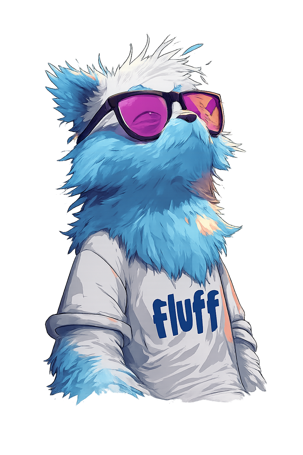 McFluff — a fluffy blue creature in pink sunglasses and a fluff t-shirt